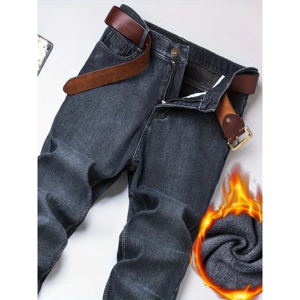 Herr Fleece Jeans för affärer, Casual Street Style Denimbyxor med fickor för höst vinter black Asia 29