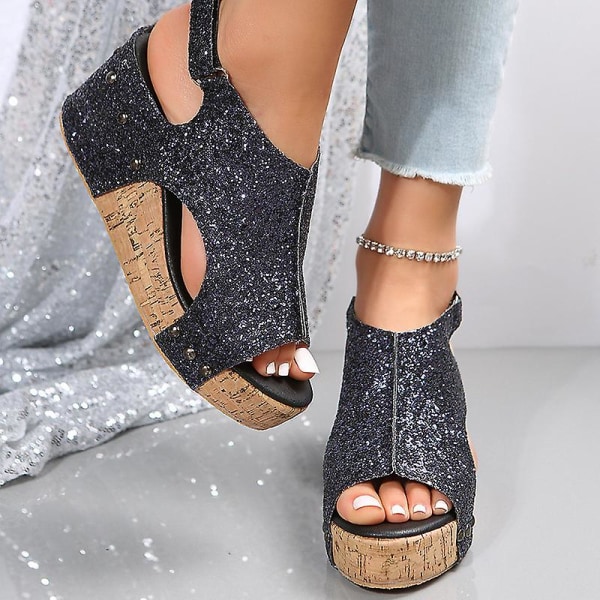 Sandaler Damer Tyk Sål Retro Sandaler Damer Sequin Nitter Velcro Sandaler Black EU 40