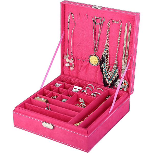To-lags smykkeskrin Organizer Display Opbevaringskasse med lås (Rose)