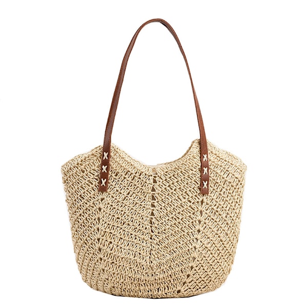 halmaxelväska för kvinnor, stora halmväskor vävd handgjord handtag tygväska sommar strand halmhandväskor bohemisk crossbody väska beige
