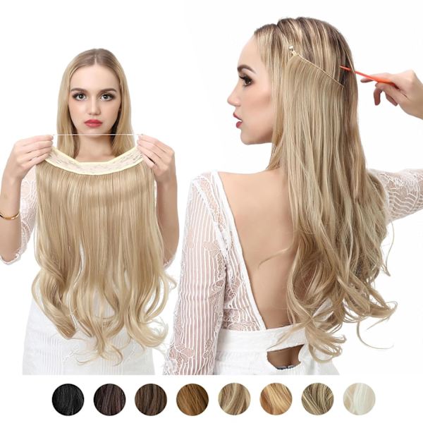 1 stk. Lang Krøllete Bølgete, Hår Parykk Extensions Justerbar Lang Bølgete Hårforlengelse Syntetisk Parykk Oppgradering i Hårdeler Usynlig Tråd Svarte Hår Extensions 1B 18inch