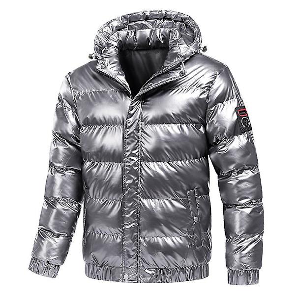 Herr glänsande dunjacka avtagbar huva vinter tjock värme pufferjacka Silver XL