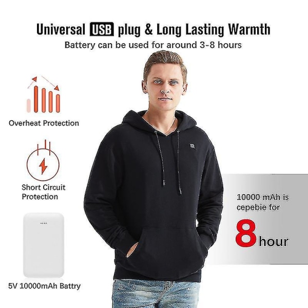Talviset USB-lämmitettävät hupparit miehille ja naisille, taskulliset, paksut ja lämmittävät vapaa-ajan hupparit Gray 2XL