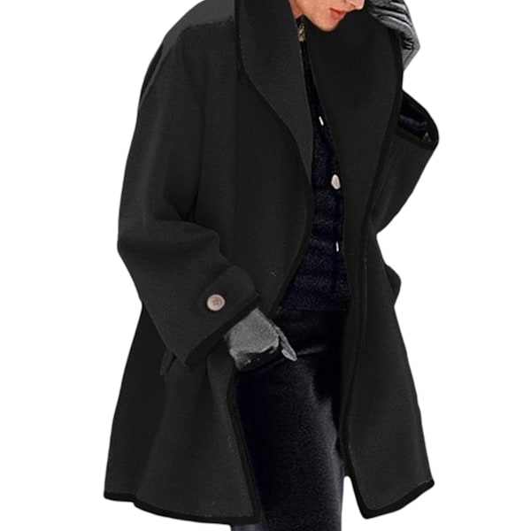 Kvinnors höst vinter ull kappa huva färg block ull kappa långärmad 2XL Black