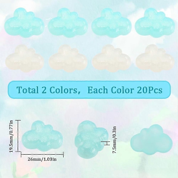 1 Ask 40 st Mini Resin Cabochons Moln Platta Bak Söt Glitter Moln Vit Blå Regnbåge Iriserande Plätering Söta Resin Charms för DIY Hantverk