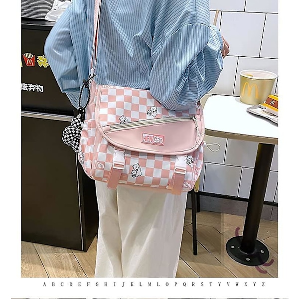 Kawaii Japansk Skolväska Harajuku Rutig Messenger Tote Bag Estetisk Y2k Ita Väska Crossbody Flickor Kawaii Skolmaterial (Rosa, One Size)