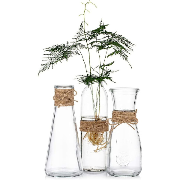 Pakke med 5 klare glasvaser, blomstervaser i glas med rebdesign i forskellige unikke former, blomstervase som midtpunkt til bryllupsreception og brudefest 1 Set Stil B