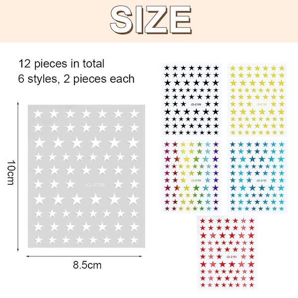 12 ark stjärnformade nagelkonstdekaler självhäftande stjärndekaler manikyrtillbehör, 6 färger, 9,5*8,5 cm Style 1
