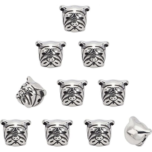 10 st 2 mm hål Rostfritt stål Bulldog Pärlor Berlocker Pug Hund Pitbull Valp Husdjur Huvud Pärla Distans Pärlor Antik Silver Europeisk Charm för Halsband Armband