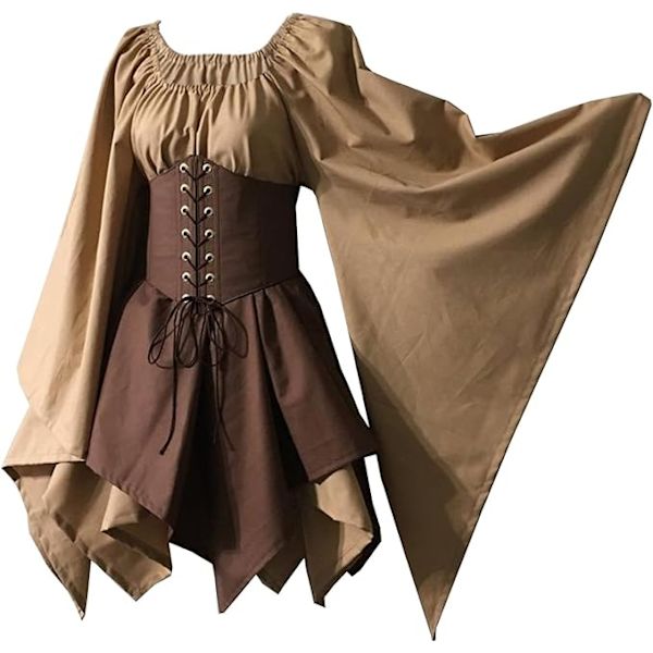 Traditionel Irisk Kjole Renaissance Middelalder Kostume Udvidet Ærme Korset Halloween Victorian Kort Kjole kahki M