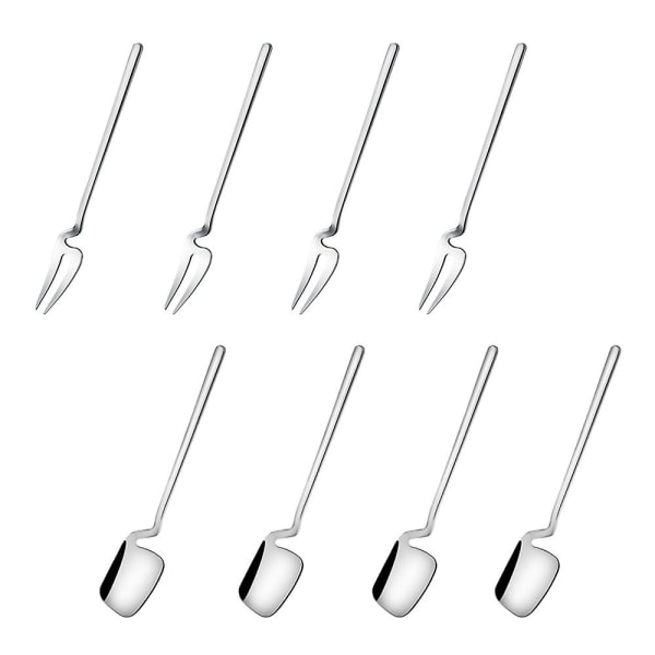 18/8 Ruostumattomasta teräksestä valmistettu moderni mini hedelmähaarukka- ja jälkiruokalusikkasetti (4 haarukkaa + 4 lusikkaa) silvery