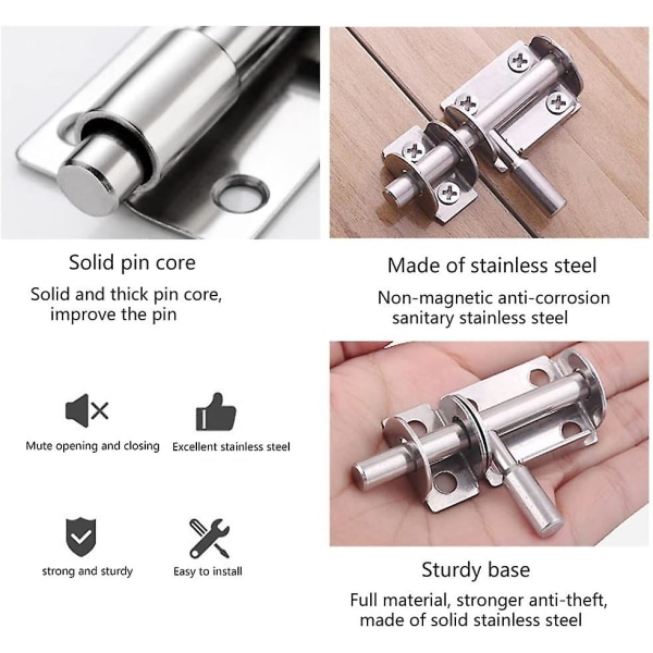 2 st rostfria dörrlås Mini skjutdörrlås Lämplig för trädgårdsdörrar Fönsterlager (silver)