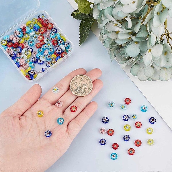 180 st 6 Färger Millefiori Platta Runda med Blommönster Glaspärlor Strängar 8x4mm