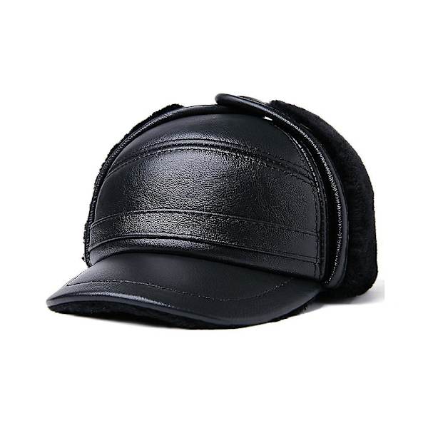 Sztxj Herr 100% Äkta Läderhatt Vinter Varma Utomhus Skydda Öra Äkta Läderkeps För Vinter Varma Foder(svart Hår Stil) 2xl {59-60cm}