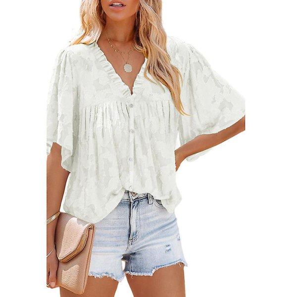 Kvinners V-hals Chiffon Trykte V-hals Avslappede Bluse Skjorte Topper Khaki 3XL