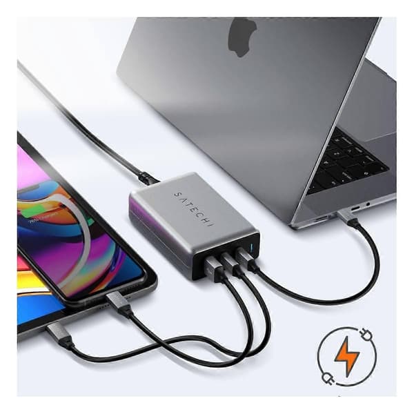 100W PD-lader med 2 USB-C og USB-A kompakte porter, grå