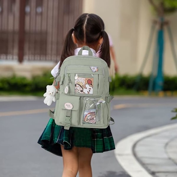 Kawaii ryggsäck, Kawaii ryggsäck med Kawaii stift och tillbehör, Kawaii ryggsäck för flickor studenter, söt estetisk reseryggsäck grön