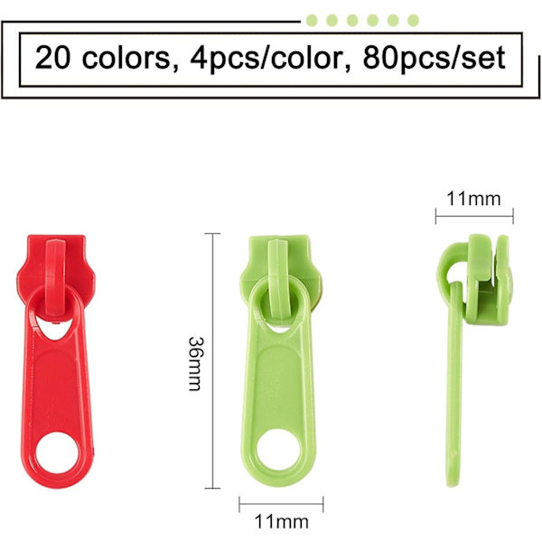 80 st #5 Plast Dragkedja Dragkedja Huvud 20 Färger Oval Dragkedjor Slider Huvud Dragkedja Reparationssats Lösning För Plaggstillbehör(0.43x1.41inch)