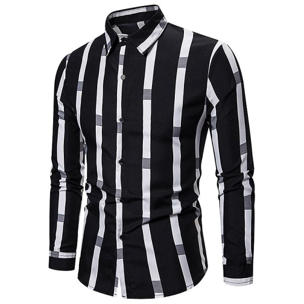 Herr Casual Långärmad Skjorta Knapp Ned Randig Lös Skjorta Black 4XL
