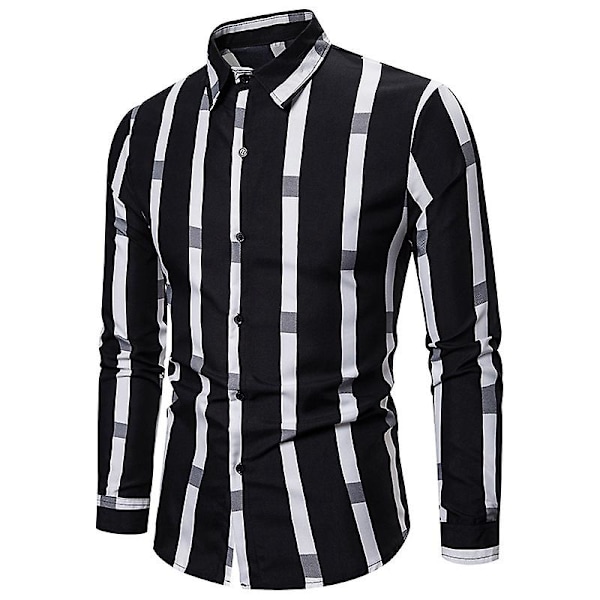 Herre Casual Langermet Skjorte Knapper Ned Stripete Løs Skjorte Black L