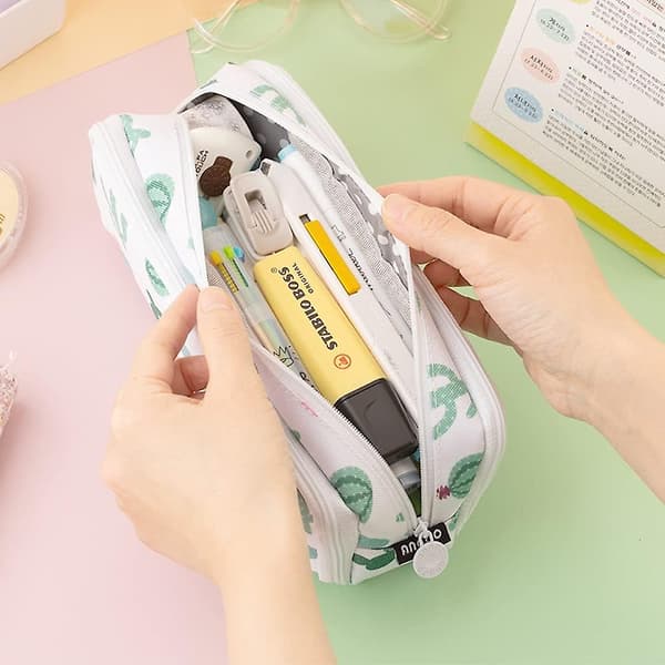 Pencil Case, Stor Kapacitet 3 Rum Lærred Makeup Kosmetikpung