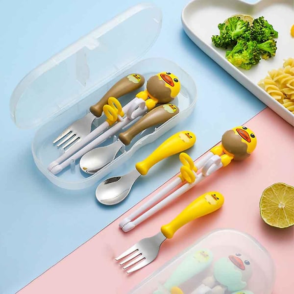 Rustfritt Stål Sett For Baby Servise, Med Barnas Treningspinner Og Baby Skjeer Og Gafler (3-delt Sett) yellow