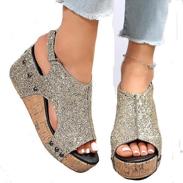 Sandaler Damer Tyk Sål Retro Sandaler Damer Sequin Nitter Velcro Sandaler Gold EU 37