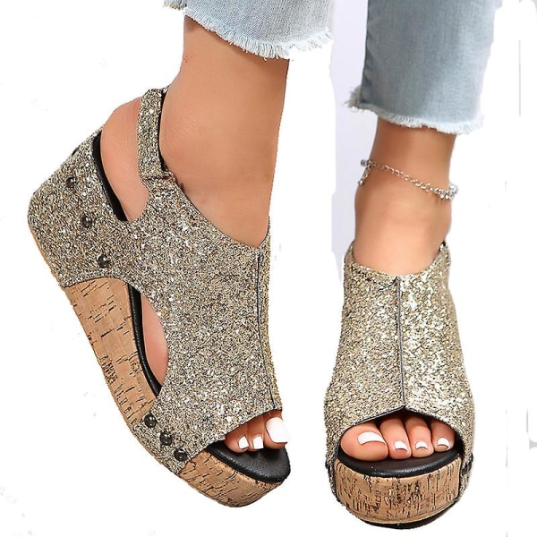 Sandaler Damer Tyk Sål Retro Sandaler Damer Sequin Nitter Velcro Sandaler Gold EU 38