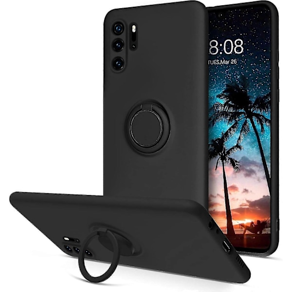 Bebetter DUEDUE Huawei P30 Pro Skal - Flytande Silikon Slimmad Fodral med Ringhållare Ställ, Bilfäste Funktion, Stötsäkert Fullständigt Skyddande Skal Black