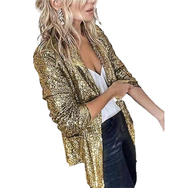 Kvinders Sequinjakke, Glitter Sparkle Casual Langærmet Blazer Frakke Gold L