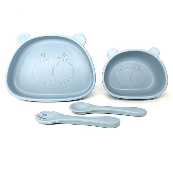 Børne Silikone Dyr Sugekop Tallerken, Sugekop Baby Skål & Baby Skeer Til Småbørn Grey blue