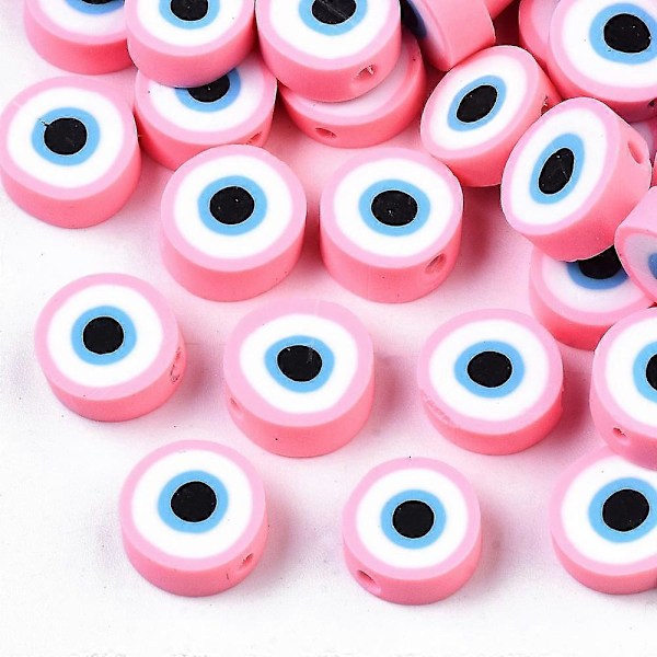 50 kpl käsintehtyjä polymeerisavihelmiä, litteitä pyöreitä, paha silmä, vaaleanpunainen, 10,5~12,5x3,5~4,5 mm, reiän koko: 1,5 mm