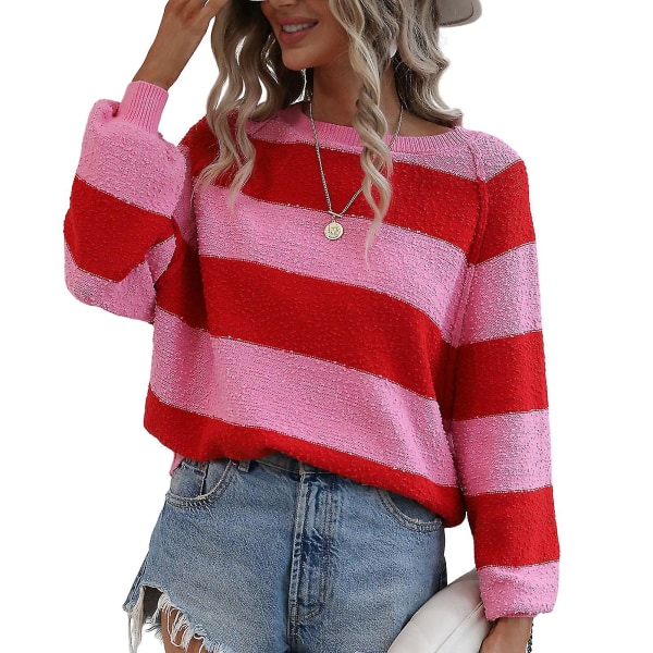 Dame Sweater Til Afslappet Rund Hals Stribet Sweater Til Vinter Efterår Afslappet Brug M Pink