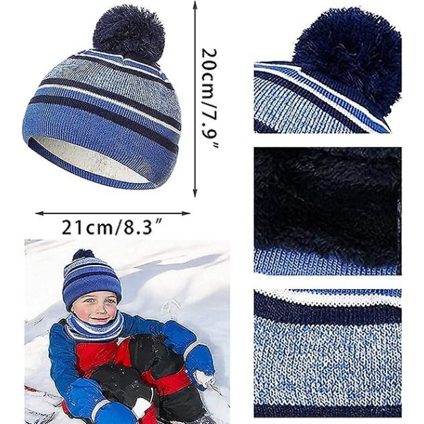 Sztxj (sininen) 3 in 1 Lämmin pipo, huivi ja käsineet -setti lapsille, talvi, paksu neulosfleece, tupsupipot kaulurilla, huivilla ja käsineillä pojille ja tytöille 3-8 vuotta