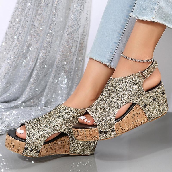 Sandaler Damer Tyk Sål Retro Sandaler Damer Sequin Nitter Velcro Sandaler Gold EU 38