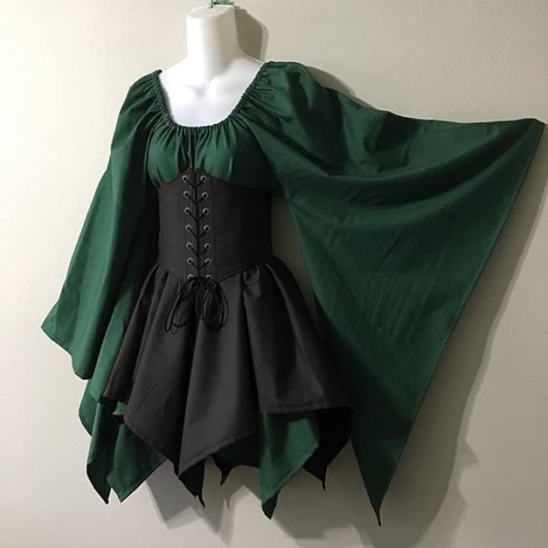 Perinteinen irlantilainen mekko, renessanssi keskiaikainen puku, levenevähihainen korsetti, Halloween, viktoriaaninen lyhyt mekko blue XL