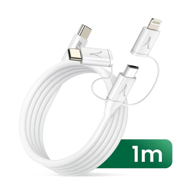 Økologisk 3-i-1 USB-C til USB-C Micro-USB Lightning-kabel 1m, Hvit