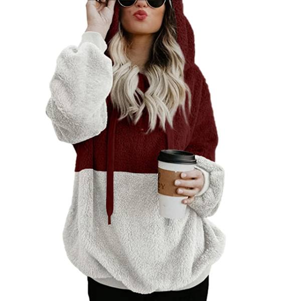 Blød Fuzzy Sweatshirt til Kvinder - Efterår & Vinter - Varmt Lynlås-Hoodie Trøje L Block Color Red