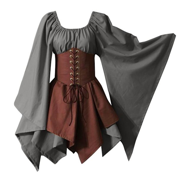 Traditionel Irisk Kjole Renaissance Middelalder Kostume Udvidet Ærme Korset Halloween Victorian Kort Kjole grey M