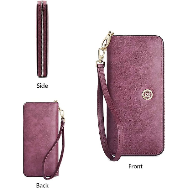 Ko Læder Clutch Punge til Kvinder Bifold Punge Store Punge med Lynlås, Koskind Dame Telefon Etui Tasker med Håndledsrem Kortholder (Lilla)