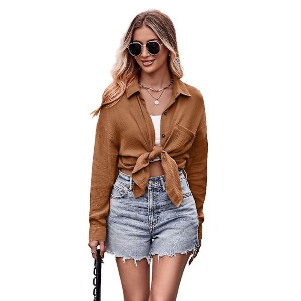 Dam Casual Långärmad Skjortor, Lös Passform Krage Skjorta Toppar Brown XL