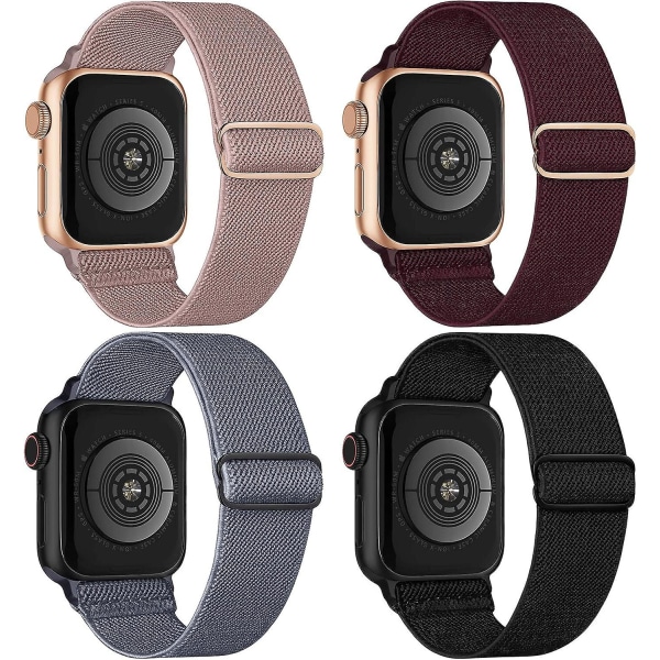 4-pack elastiska elastiska nylon kompatibla med Apple Watch 42 mm 44 mm 45 mm, justerbara flätade sportelastiska armband för kvinnor män för Iwatch Se
