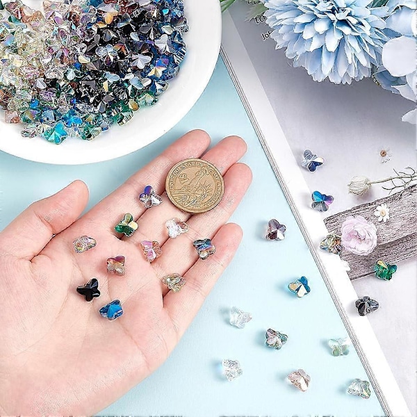 200 stk. sommerfuglglassperler, bulk, sommerfugl-mellomperler, blanding av 10 farger, krystallglassperler