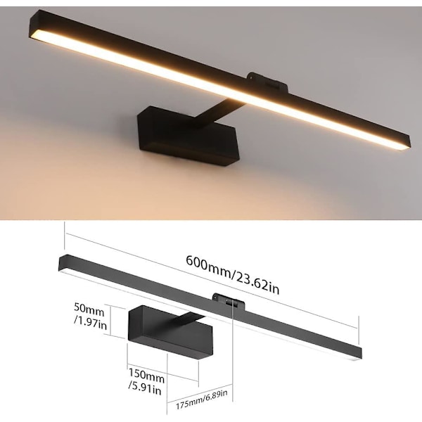 12w LED Badeværelsesspejl Lys 50cm, IP44, 180° Roterbar, Varm Hvid 3000k, Sort