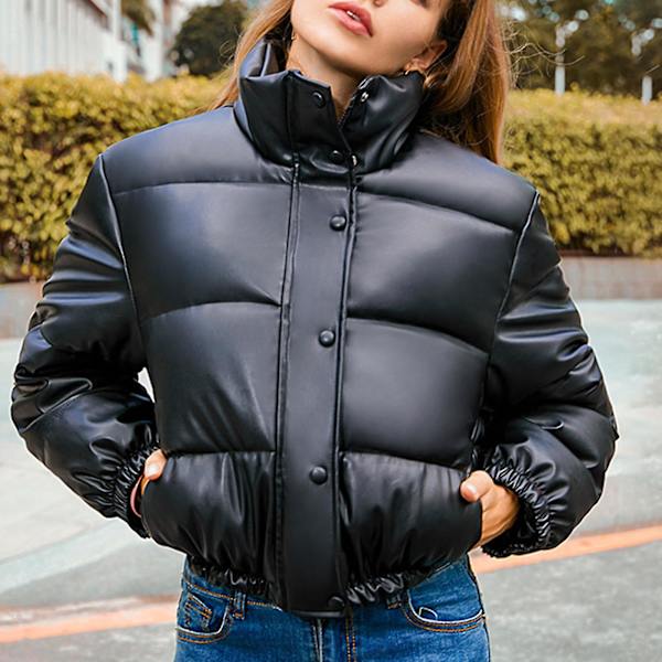 Läderrock med ståkrage, vindtät höst- och vinterjacka med vaddering för kvinnor 2XL Black