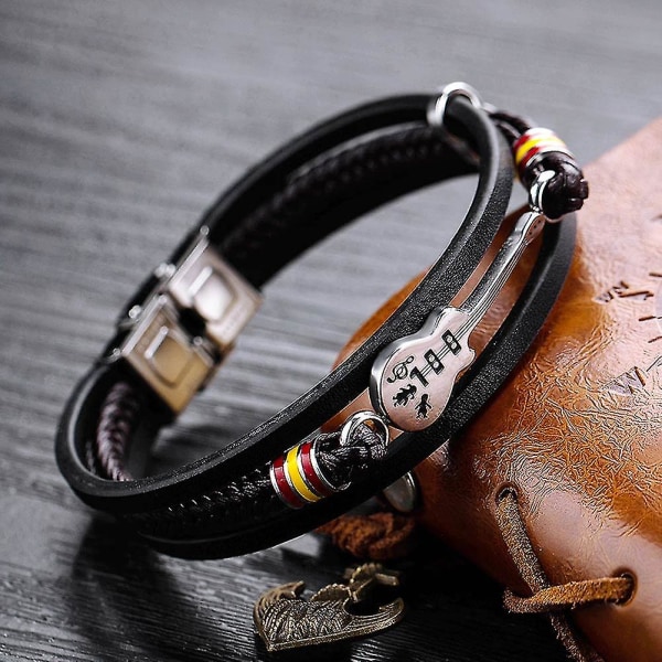 Herr Gitarr Armband Läder Flätad Rep Flerskikts Armband Punk Smycken Gåvor