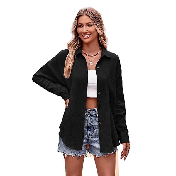 Dam Casual Långärmad Skjortor, Lös Passform Krage Skjorta Toppar Black XL