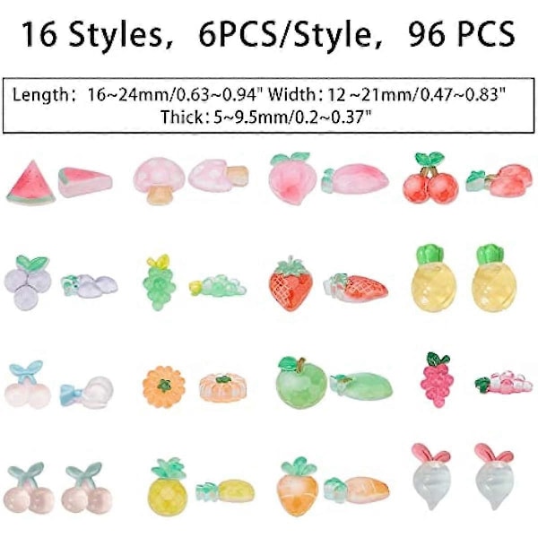 96 st 16 Stilar Frukter Resin Cabochons Transparent Frukt Flatback Pärlknapp Imitation Mat Skivor för DIY Scrapbooking Utsmyckningar Telefonskal Hår