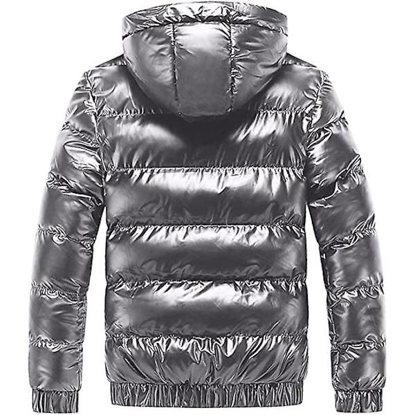 Herr glänsande dunjacka avtagbar huva vinter tjock värme pufferjacka Silver XL