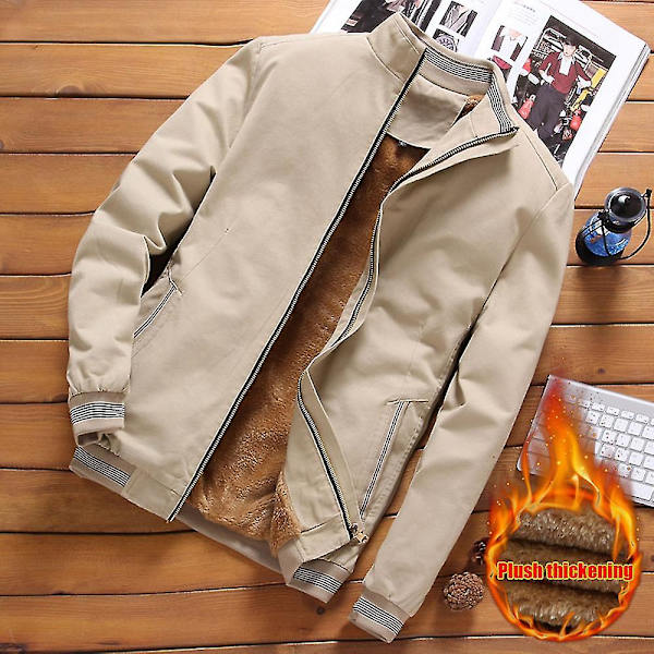 Miesten paksu fleecevuorattu talvitakki pystykauluksella ja vetoketjulla, lyhyt malli 4XL Khaki